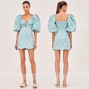 NWT Alexis Valera Jade Weave Mini Dress Puff Sleeve Teal Chevron Size XS